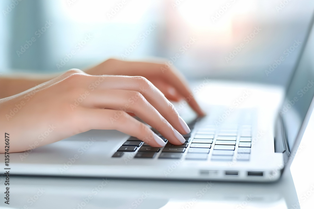 Poster close-up of hands typing on a laptop keyboard, representing productivity and modern workplace techno