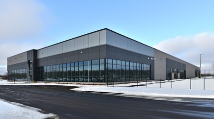 Modern industrial building exterior in winter landscape