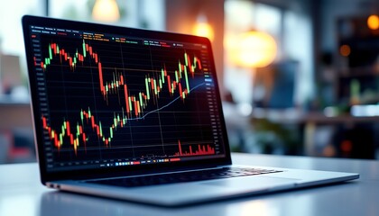 Laptop displaying a stock market chart with red and green candlesticks on a dark screen shown close up