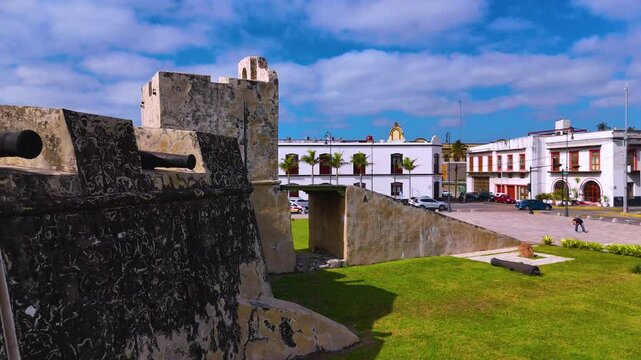 Veracruz, Mexico. February 25, 2025: video overflying the Baluarte de Santiago, a military building from 1635 that formed the integral wall that surrounded the city.