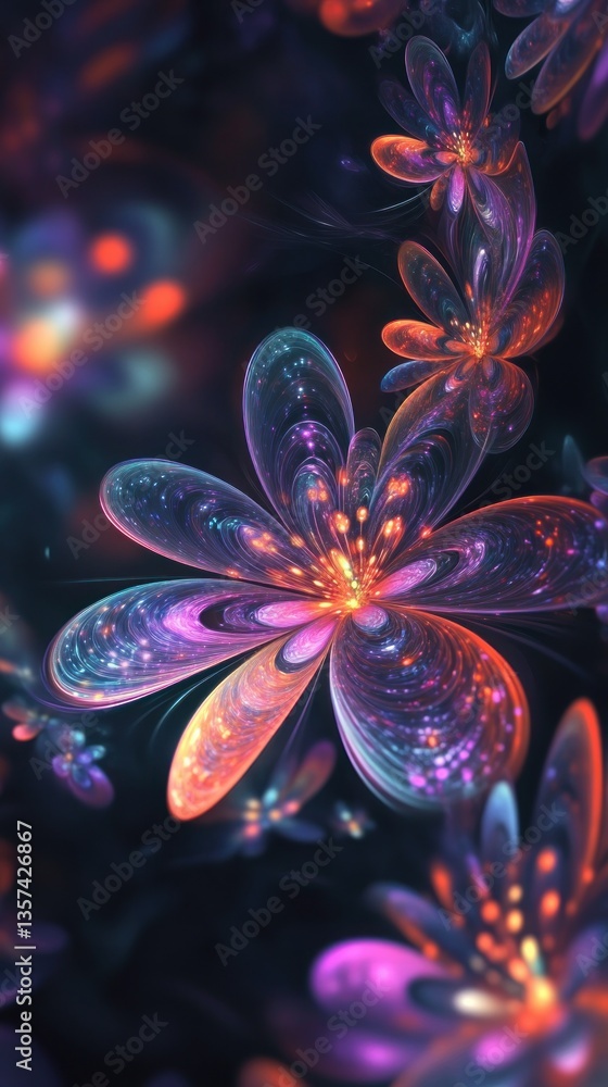 Poster enchanting abstract floral display with luminous sparks and neon gradient in deep midnight setting