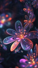 Fototapeta premium Enchanting Abstract Floral Display with Luminous Sparks and Neon Gradient in Deep Midnight Setting