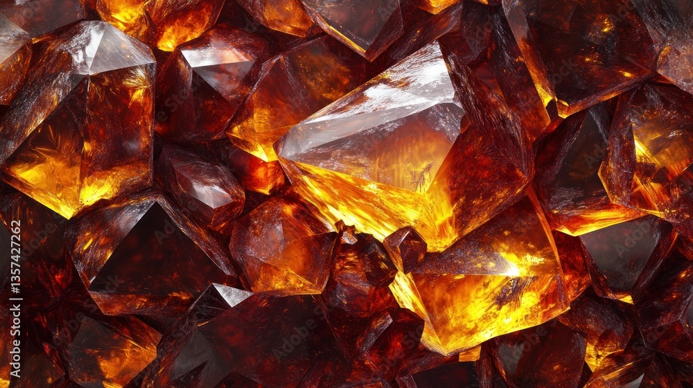 Poster amber crystal clusters reflecting light in faceted gems abstract geological formation backdrop