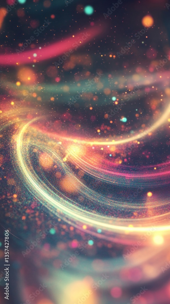 Poster abstract cosmic swirl of vibrant light trails against a dark space with sparkling dots and bokeh eff