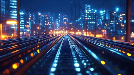 Fototapeta premium A photographic illustration of a railway track extending into the distance, surrounded by a nighttime cityscape