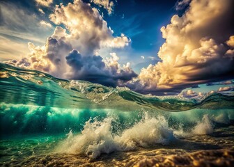 Fototapeta premium Vintage Underwater Ocean Wave Crashing, Crystal Clear Bubbles, Powerful Surf