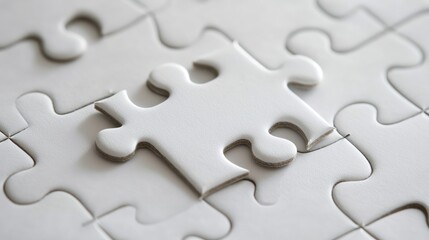 White Puzzle Focus on a Single Piece Represents Completion Unity Teamwork and Problem Solving in Close Up View