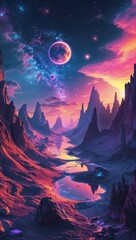 Serene Night Sky Over Purple Mountains and Cosmic River Reflections in a Dreamlike Galactic Landscape