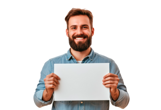 Smiling man holding blank poster board isolated on transparent background