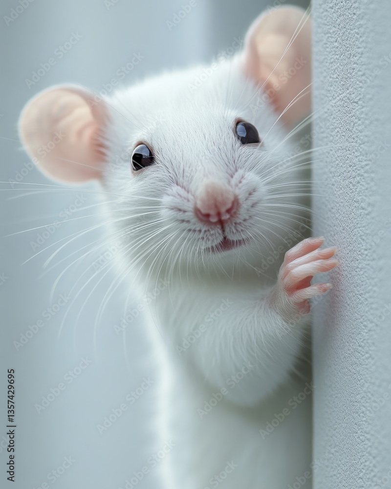Poster charming white mouse peeking around corner with curious expression gentle light and soft texture cap
