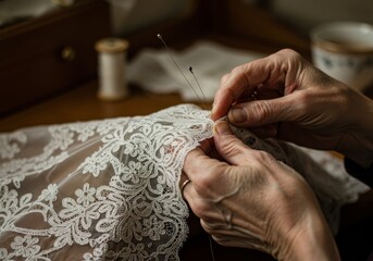 Obraz premium Closeup of bobbin lace on pillow with senior hands