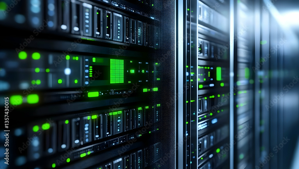 Poster close-up view of a modern data center with glowing server racks, showcasing the advancements in digi