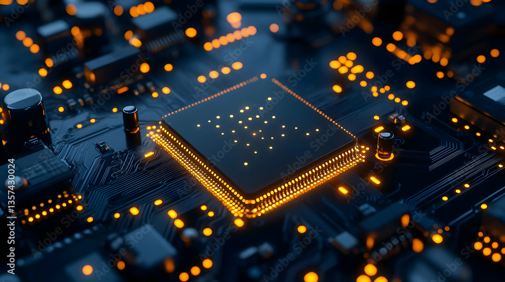 Poster close-up view of a modern microchip surrounded by glowing circuitry, illustrating advancements in te