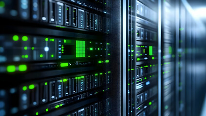 Naklejka premium Close-up view of a modern data center with glowing server racks, showcasing the advancements in digital storage technology.