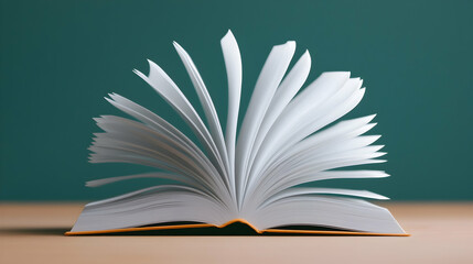 Fototapeta premium Open Book with White Pages on Beige Table Against Teal Background
