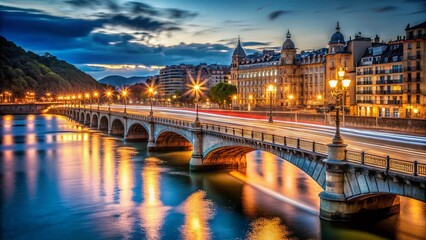 Fototapeta premium Long Exposure: San Sebastian Bridge, Basque Country, Spain - Night Lights