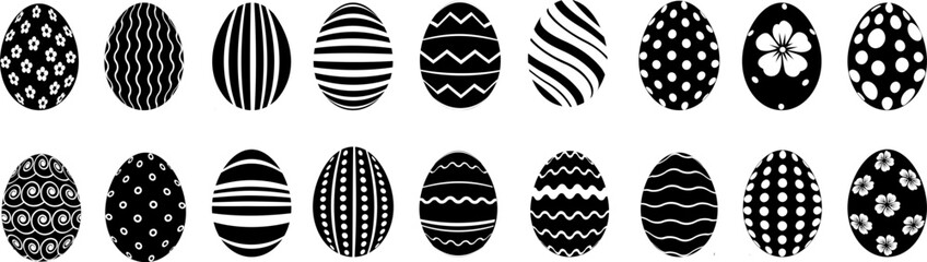 Easter Eggs simple black line icons collection . Vector painted icons of eggs with ornament in flat design . Cartoon Easter eggs  set . 