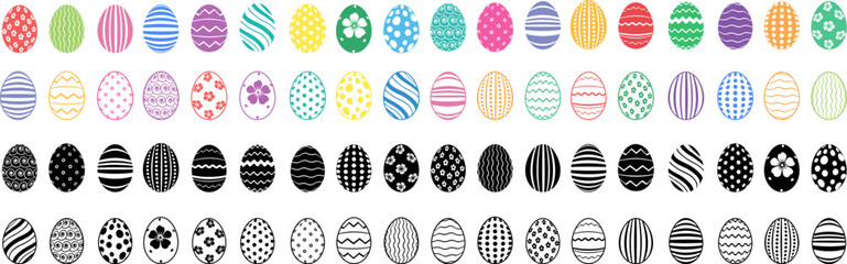 Easter Eggs simple icons collection . Black line and colorful painted  eggs icons with ornament in flat design . Cartoon Easter eggs vector  set . 