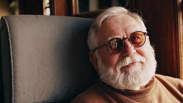Close-up video of a smiling elderly man with glasses, captured from a side angle, in warm lighting, conveying a sense of nostalgia and warmth.