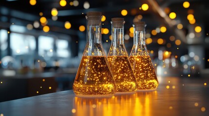Suspended particles glowing faintly in fluorescent orange liquids swirling gently inside conical flasks, glowing softly, close up, whimsical chemistry innovation hub