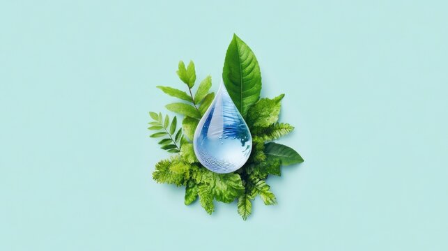 A Drop of Life: A pristine water droplet, reflecting the world, nestles amidst lush greenery, conveying themes of sustainability and environmental consciousness.