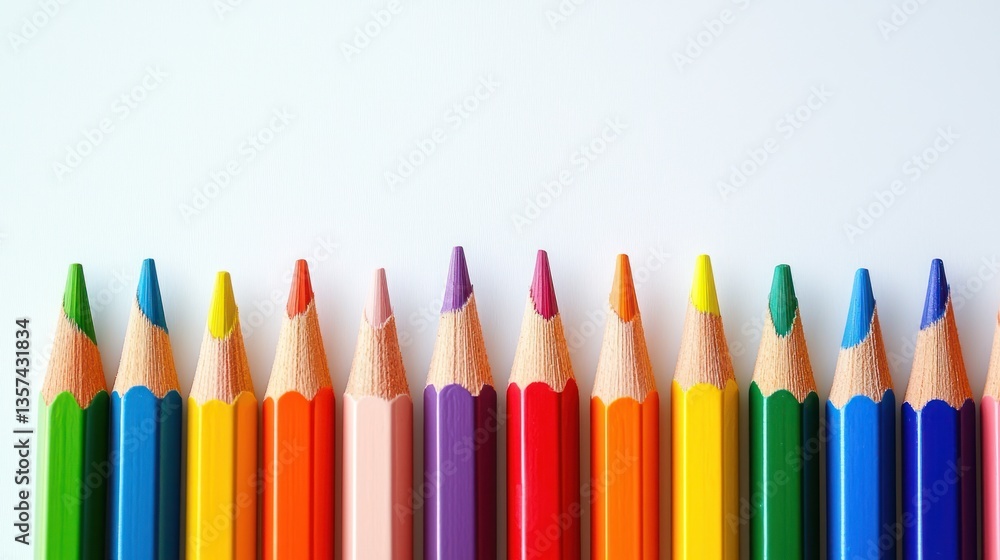 Poster row of colorful pencils on white background providing blank space for text and graphic design needs 
