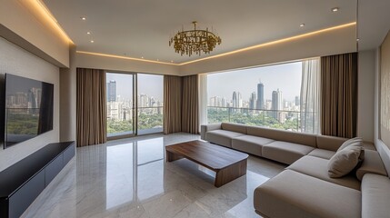 A photographic illustration of a modern living room with a beige sofa, wooden coffee table, and large TV, large floor-to-ceiling windows in the background showing a city skyline