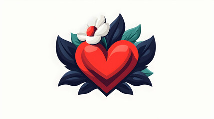 Red Heart with White Flower and Dark Green Leaves Pixel Art Illustration