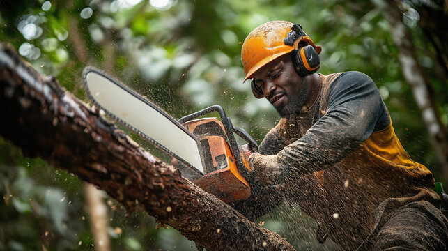In a lush tropical rainforest, a dedicated lumberjack uses a chainsaw to cut through a large tree trunk, sending wood chips flying in the warm afternoon light