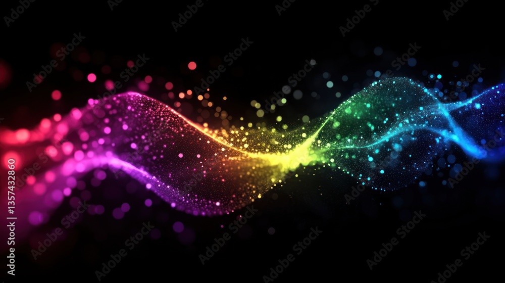 Aufkleber colorful and swirling abstract wave of sparkling particles on black background for graphic design pr