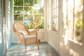 Fototapeta premium Serene wicker chair on a sunlit porch overlooking lush garden and foliage tranquil scene inviting atmosphere