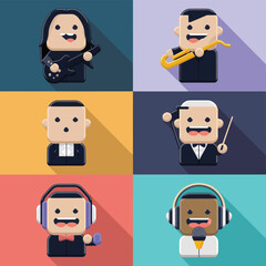 2d vector illustration icon cool entertainment cartoon character  music tools (Drum , Music Note , Headphones ,Microphone , Piano , Guitar ,Record) 
