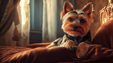 Fluffy and Graceful Yorkie Posing on a Luxurious Sofa in a Richly Decorated Room