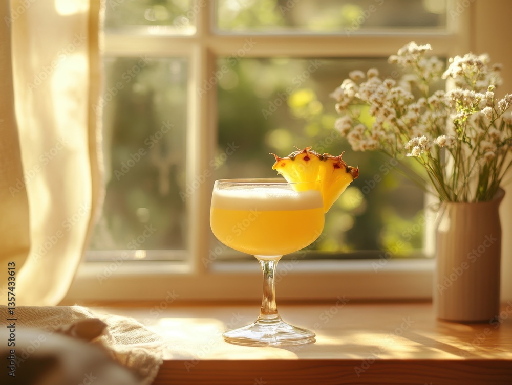 Poster refreshing pineapple cocktail on windowsill with soft sunlight and floral arrangement creating a bri