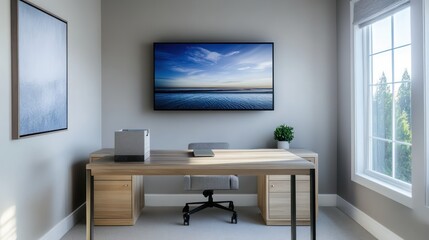 A modern, serene home office with soft grey walls and a light wood desk beneath a mounted TV