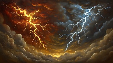 Fiery and icy lightning clash in stormy sky.