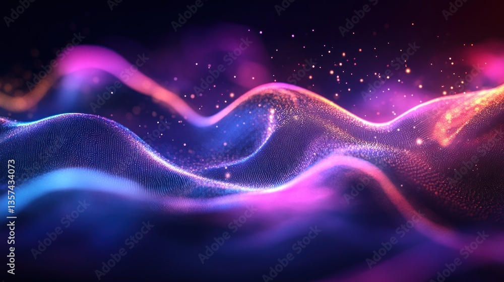 Poster abstract luminous particle waves in gradient pink and blue light for futuristic modern background