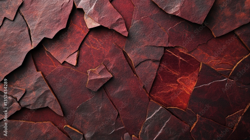 Poster close-up view of dark red irregular slate pieces forming a textured mosaic pattern, showcasing uniqu