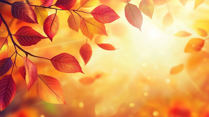 Fototapeta premium A macro shot of fall leaves in shades of crimson, amber, and gold, with sharp edges and gentle sunlight at twilight