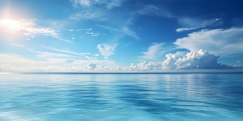 Obraz premium Tropical beach panorama, seascape with a wide horizon, showcasing the beautiful expanse of the sky meeting the sea, Finest generative AI