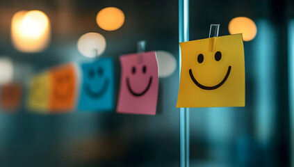 Colorful sticky notes with smiley faces on glass, symbolizing positivity and creativity in a vibrant workspace.