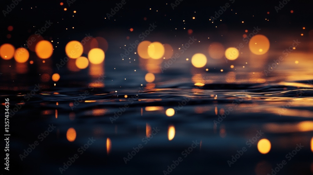 Poster shimmering night water reflecting luminous bokeh lights creating a magical and serene atmosphere for