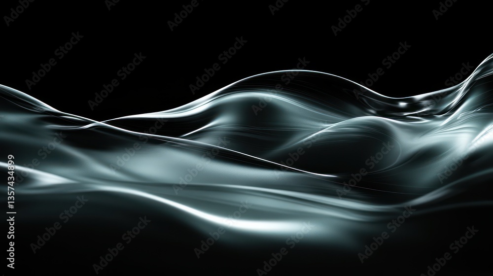 Aufkleber abstract fluid silver waves on black background subtle curves elegant motion dynamic flow metallic t