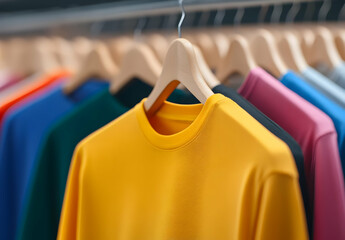 Colorful t-shirts hanging on wooden hangers, showcasing a variety of styles and vibrant shades in a modern clothing store.