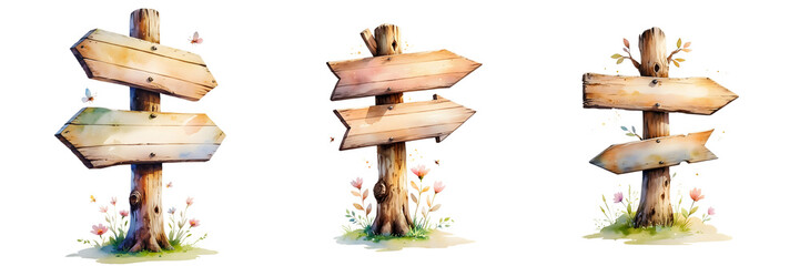 Rustic wooden arrow signs pointing different directions, nestled in a whimsical garden setting with delicate watercolor flowers and soft, earthy tones on white or transparent background