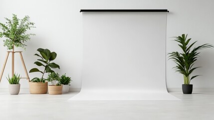 Fototapeta premium Minimalist studio setting with white backdrop plants and clean floor against white wall creating serene and contemporary artistic atmosphere design space