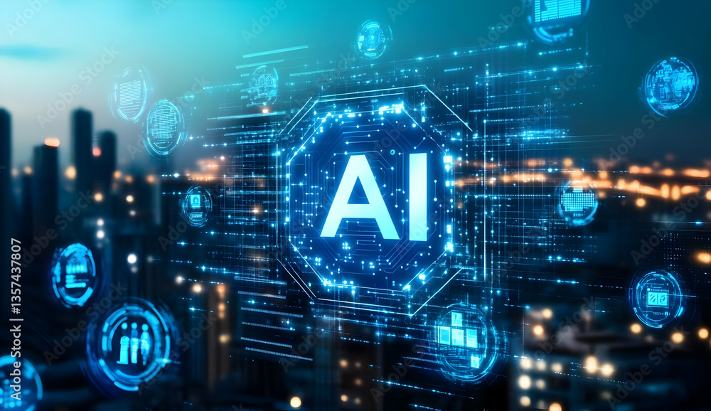 Aufkleber digital representation of ai technology, showcasing data flow and connectivity in a modern urban env