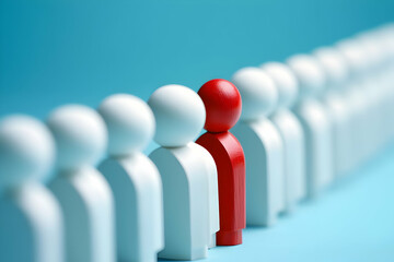Distinctive individual standing out in a line of uniform figures, symbolizing uniqueness and individuality in the corporate world.