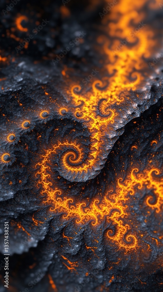 Poster abstract dark rock formation with glowing spiral swirls and depth of field shot with macro lens