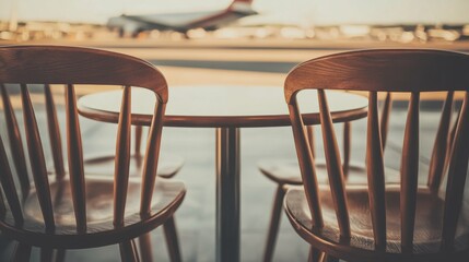Modern smart carryon suitcase with charging port in airport cafe setting